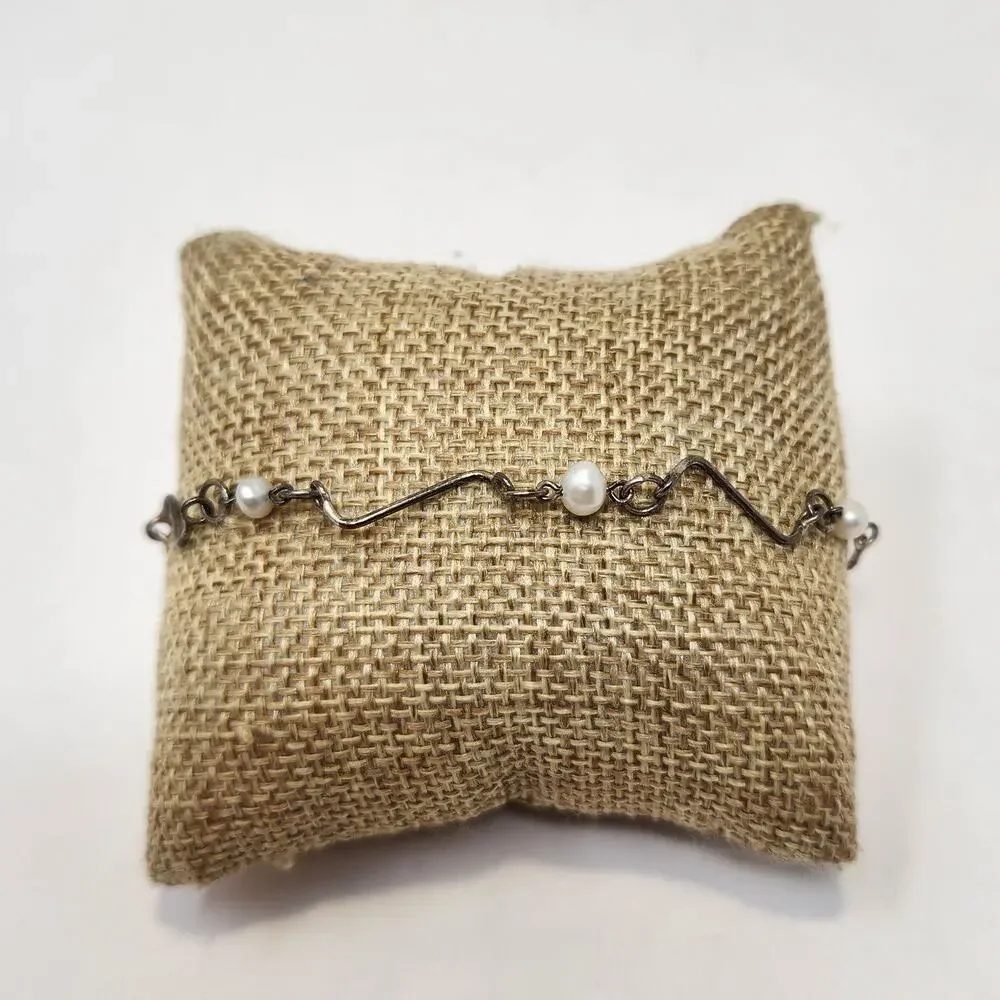 Sterling Silver 925 Wavy Bar Freshwater Pearl Link Bracelet Dainty Lightweight